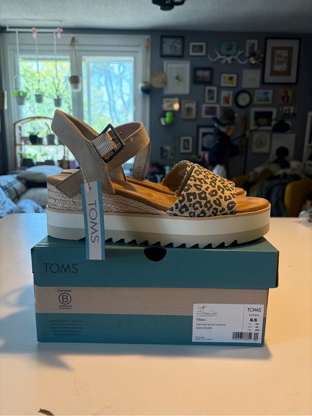 TOMS Leopard Print Wedge Sandal with Tan Ankle Strap
